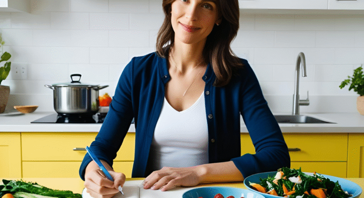 Woman-avoiding-common-AIP-reintroduction-mistakes-by-tracking-food-and-symptoms-at-kitchen-table