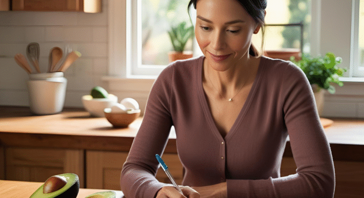 Woman journaling at a kitchen table, showing she's ready to start the AIP reintroduction phase.