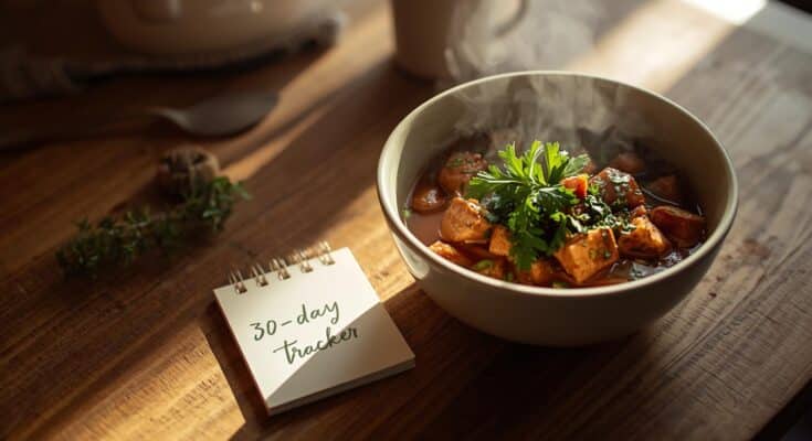 how fast does the aip diet work — AIP-friendly stew and progress tracker on a kitchen table.